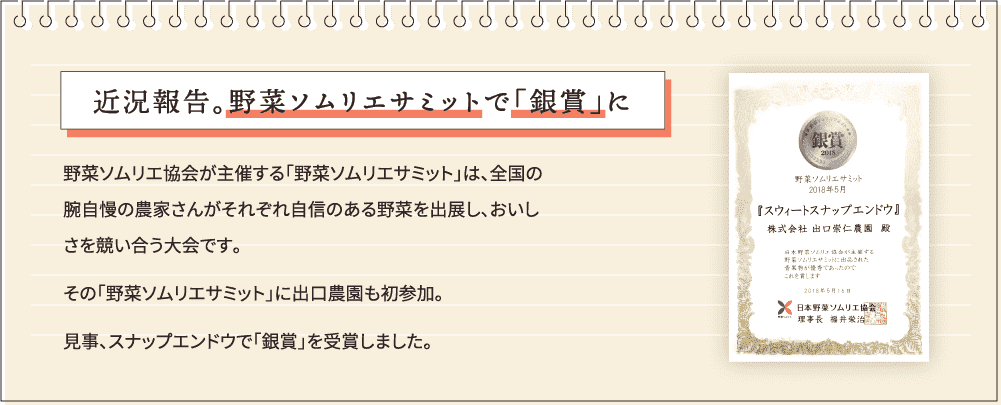 近況報告。野菜ソムリエサミットで「銀賞」に